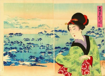 three women at the table by the lamp Painting - A bijin compared to the beauty of the pine covered islands at Matsushima in Rikuzen Province Toyohara Chikanobu